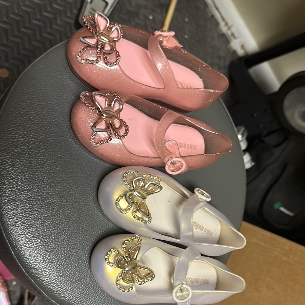 Mini Melissa Pink and Silver Dress Shoes with Floral Embellishments